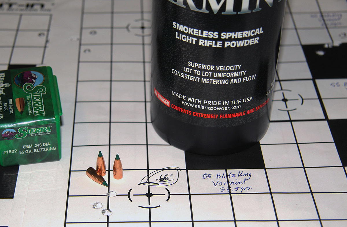 The best showing with Sierra’s 55-grain BlitzKing from the Carbon Elevate was .66 inch at 3,391 fps using 33.5 grains of Alliant Power Pro Varmint.